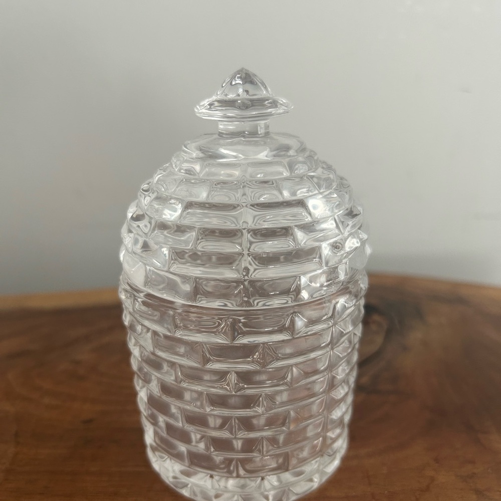 Clear Glass Beehive Honey Pot Lidded Jar texture
